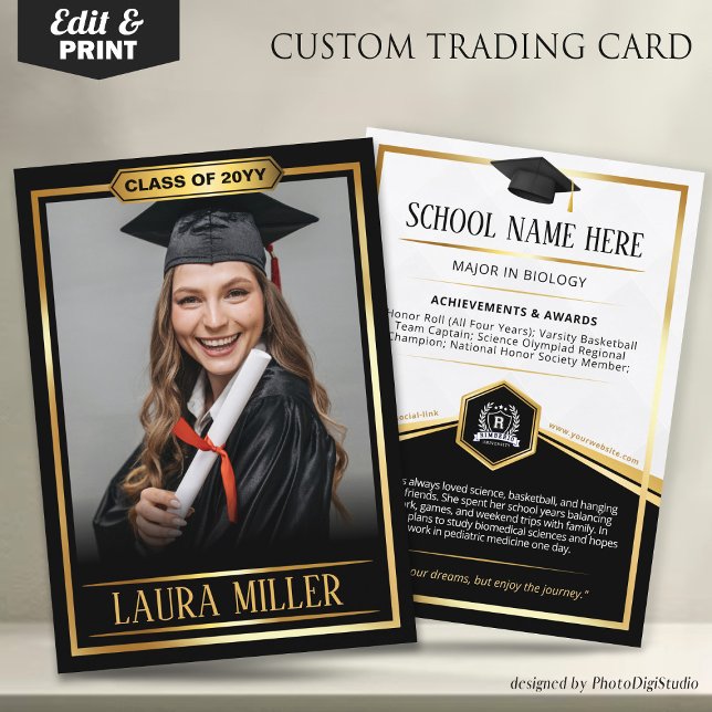 Editable Graduate Trading Card Elegant Black Gold  (Editable Graduate Trading Card, Elegant Black Gold Card, Custom Trading Card for Graduation)