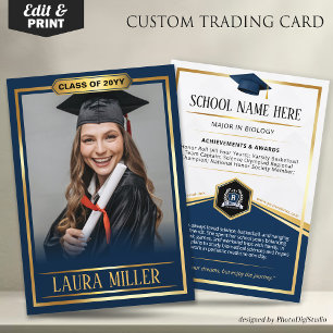 Editable Graduate Trading Card Elegant Blue Gold 