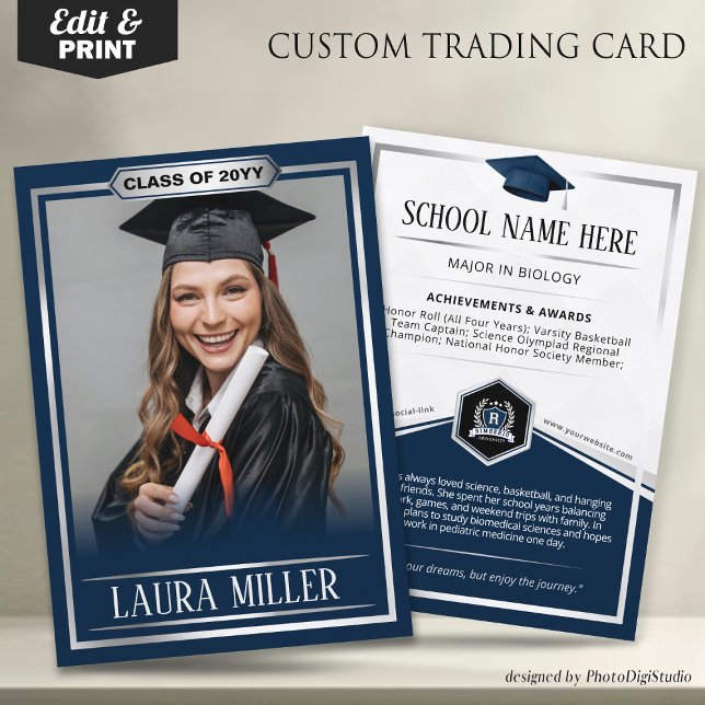 Editable Graduate Trading Card Elegant Blue Silver (Editable Graduate Trading Card, Elegant Blue Silver Card, Custom Trading Card for Graduation)