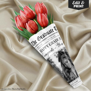 Editable Graduation Newspaper Flower Bouquet Wrapping Paper Sheet