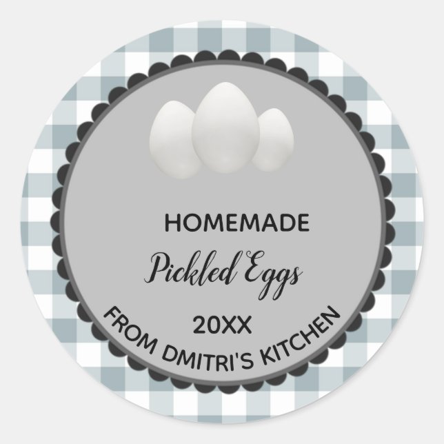Editable Gray Gingham Pickled Eggs Label Stickers (Front)