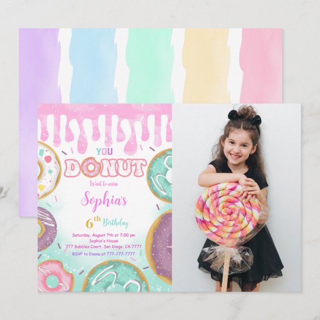 Editable Green Doughnut Birthday Party Photo Invitation (Front/Back)