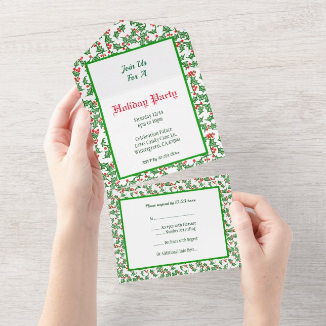 Editable Green Holly Red Berries All in One Invite (Tearaway)