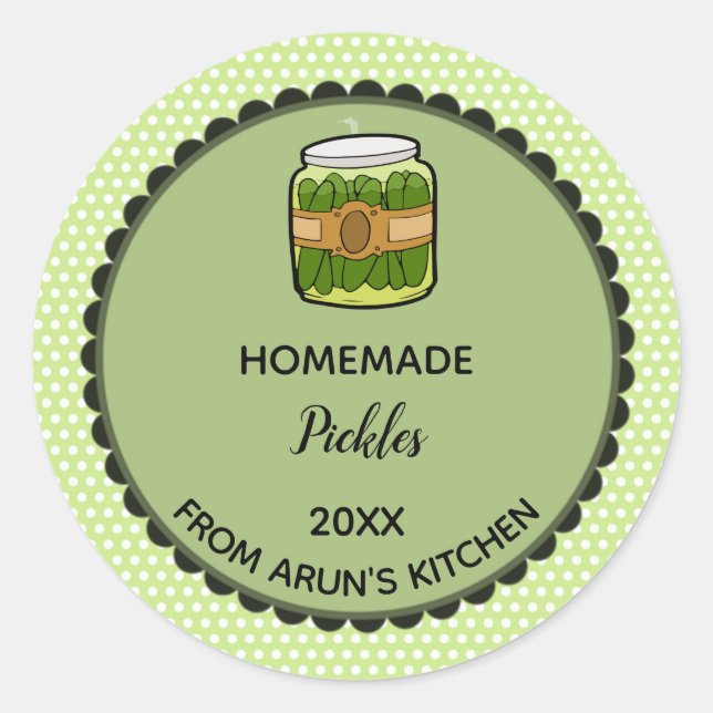 Editable Green Polka Dot Pickles Label Stickers (Front)