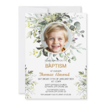 Editable Greenery Photo Baptism Invitation Boy