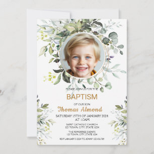 Editable Greenery Photo Baptism Invitation Boy