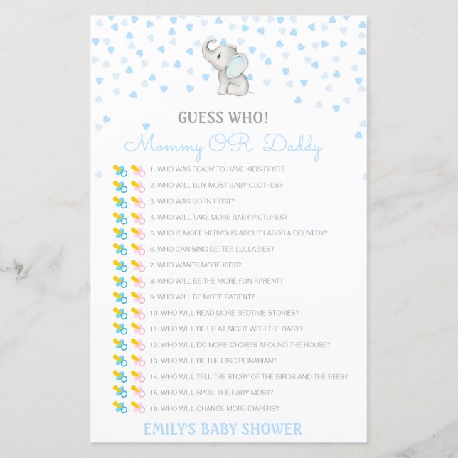 Editable Guess Who, Mum or Dad Baby Shower Game (Front)