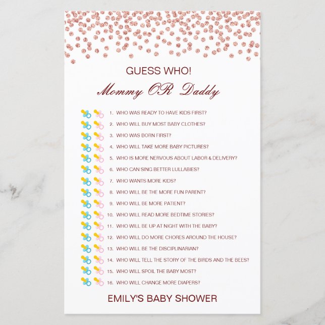 Editable Guess Who, Mum or Dad Baby Shower Game (Front)