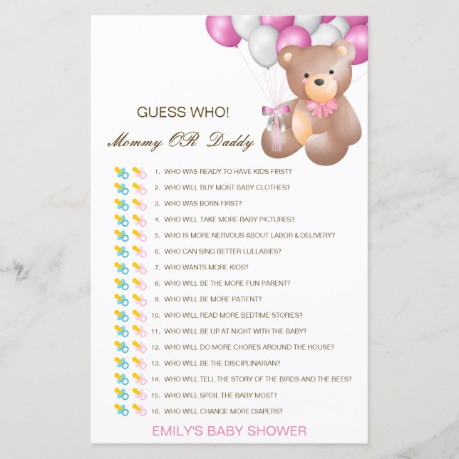 Editable Guess Who, Mum or Dad Baby Shower Game (Front)