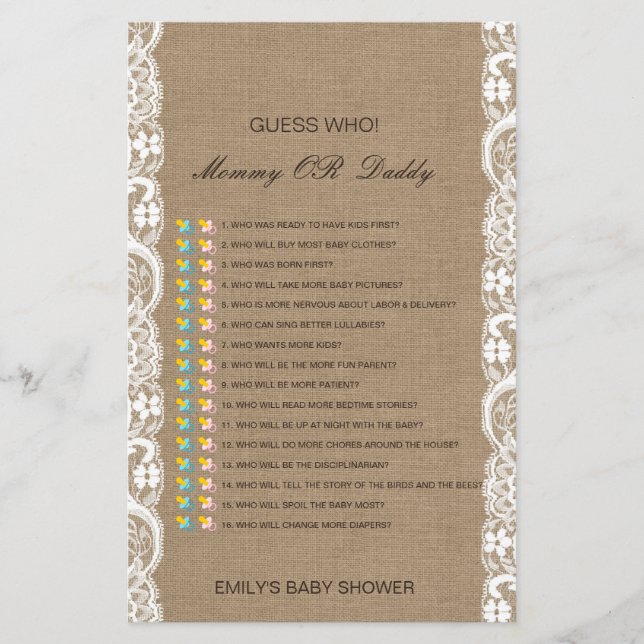 Editable Guess Who, Mum or Dad Baby Shower Game (Front)