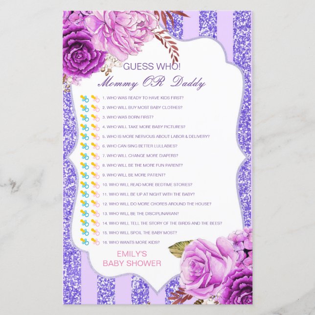 Editable Guess Who, Mum or Dad Baby Shower Game (Front)