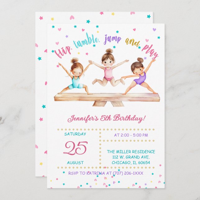 Editable Gymnastics Birthday Party Girls Invitation (Front/Back)