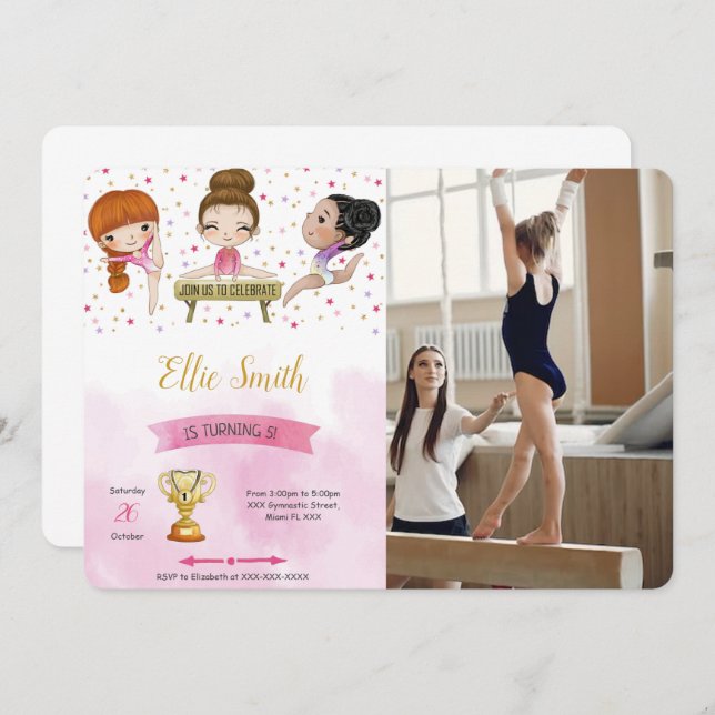 Editable Gymnastics Birthday Photo Invitation  (Front/Back)