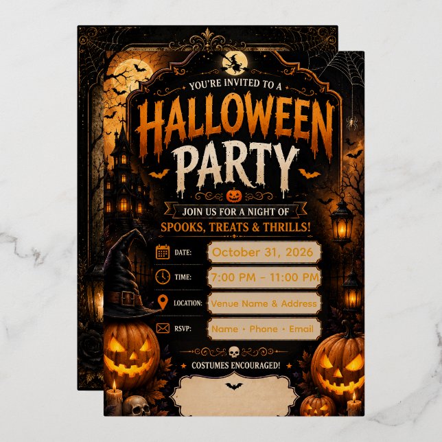 Editable Halloween Party Invitation | Gothic Pumpk (Front/Back)