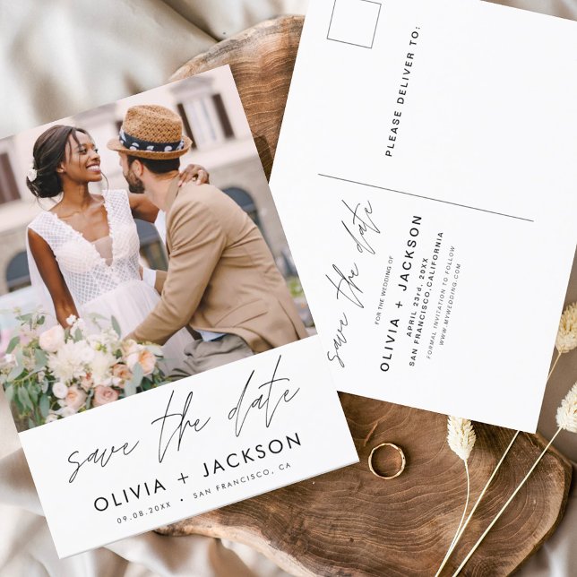 Editable Hand Lettered White Save the Date Photo Postcard (Creator Uploaded)