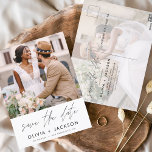 Editable Hand Lettered White Save the Date Photo Postcard<br><div class="desc">Modern and Elegant Photo Save the Date Wedding Card. The save the date invitation card includes white Hand Lettered typography and chic and simple design on a white background that you can add your customised engagement photograph picture to.</div>