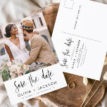Editable Hand Lettered White Save the Date Photo Postcard<br><div class="desc">Modern and Elegant Photo Save the Date Wedding Card. The save the date invitation card includes white Hand Lettered typography and chic and simple design on a white background that you can add your customised engagement photograph picture to.</div>
