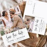 Editable Hand Lettered White Save the Date Photo Postcard<br><div class="desc">Modern and Elegant Photo Save the Date Wedding Card. The save the date invitation card includes white Hand Lettered typography and chic and simple design on a white background that you can add your customised engagement photograph picture to.</div>
