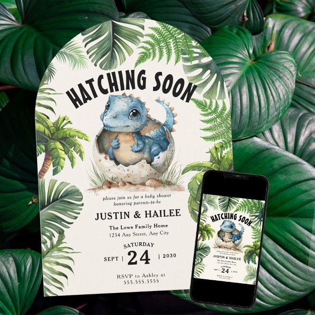  Editable Hatching Soon Dinosaur Baby Shower Invitation (Creator Uploaded)