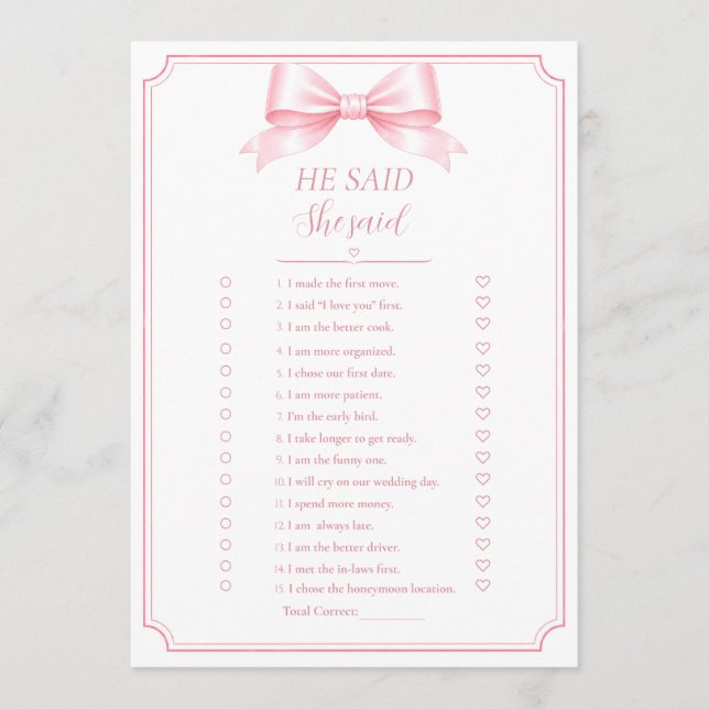 Editable He Said She Said Bridal Shower Fun Games  (Front)