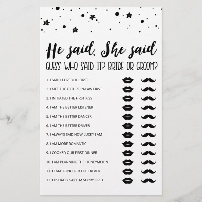 Editable He said, She said Bridal Shower game (Front)