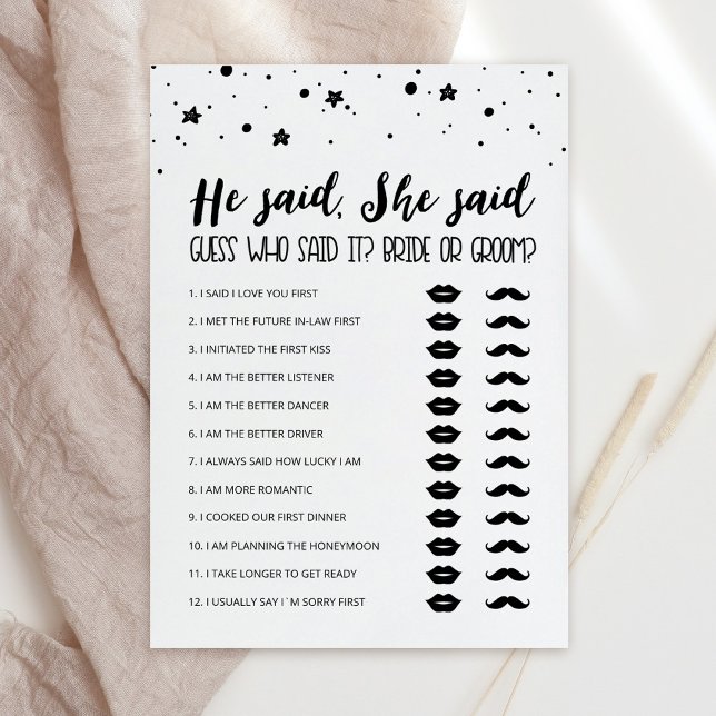 Editable He said, She said Bridal Shower game Card (Creator Uploaded)