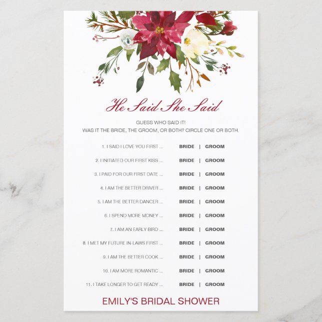 Editable He Said She Said Wedding Shower Game (Front)
