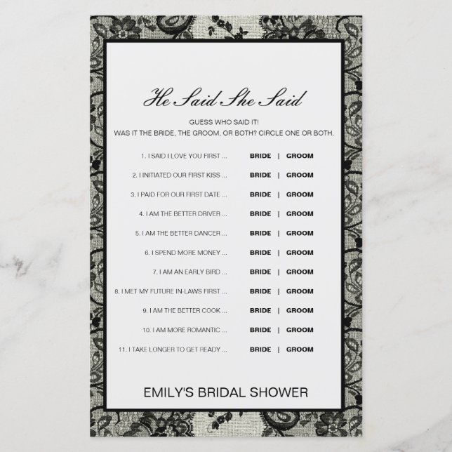 Editable He Said She Said Wedding Shower Game (Front)