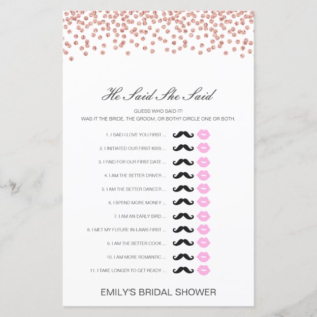 Editable He Said She Said Wedding Shower Game (Front)