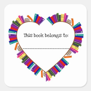 Editable Heart Shape With Books Bookplate Square Sticker