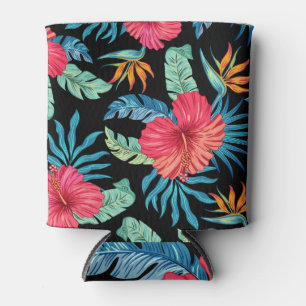 Editable hibiscus, vintage floral pattern can cooler