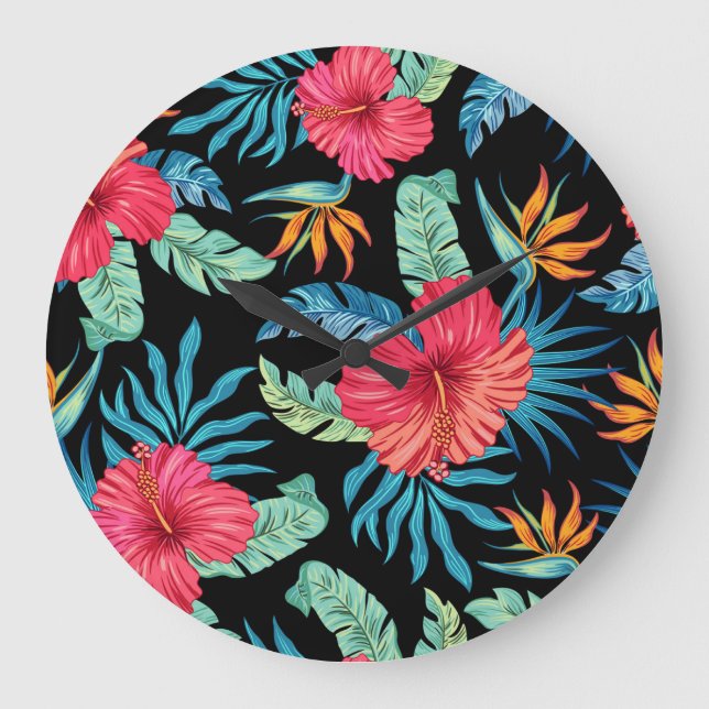 Editable hibiscus, vintage floral pattern large clock (Front)