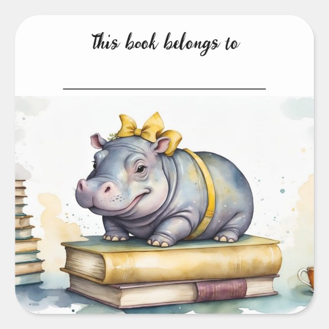 Editable Hippo and Books Bookplate Sticker (Front)