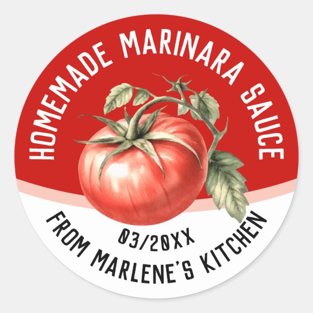 Editable homemade marinara sauce with red tomato classic round sticker (Front)