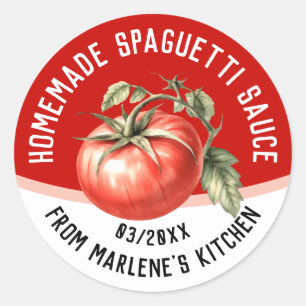 Editable homemade spaguetti sauce iwith red tomato classic round sticker