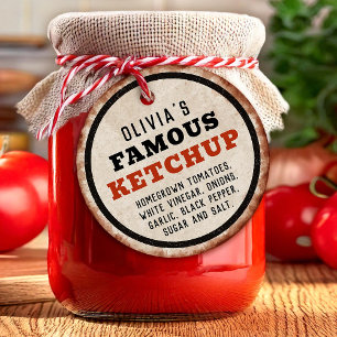 Editable homemade tomato ketchup with rusty sign favour tags