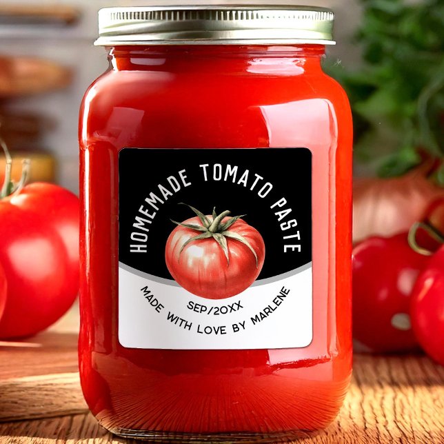 Editable homemade tomato paste with red tomato square sticker (Creator Uploaded)