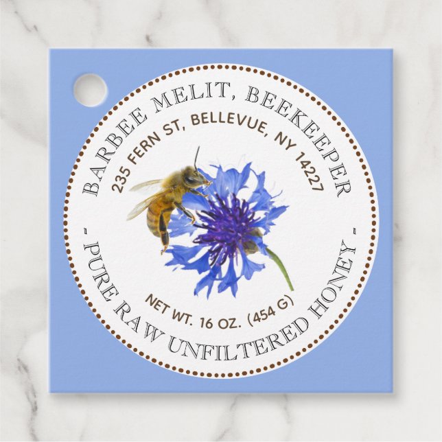 Editable Honey Description Blue Flower Bee Tag (Front)