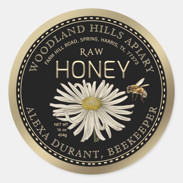 Editable Honey Jar Bee Wildflower Label Black Gold (Front)