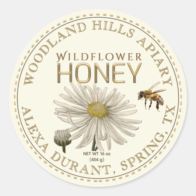 Editable Honey Jar Bee Wildflower Label Ivory (Front)