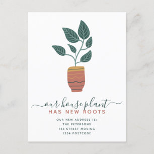 Editable house plant retro boho script moving announcement postcard