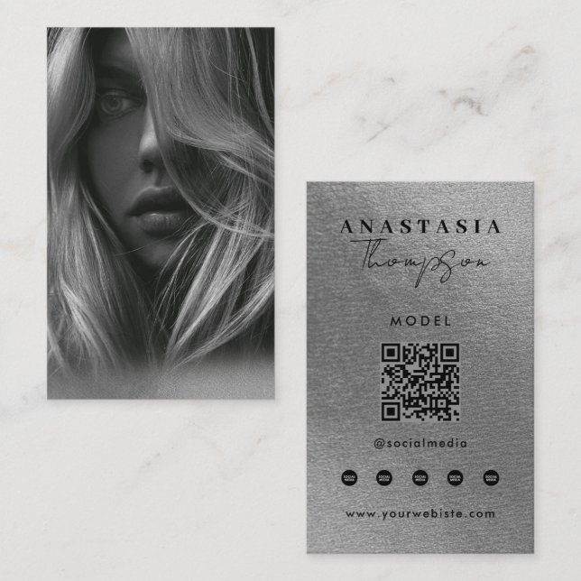Editable Influencer Content Creator Silver Business Card (Front/Back)