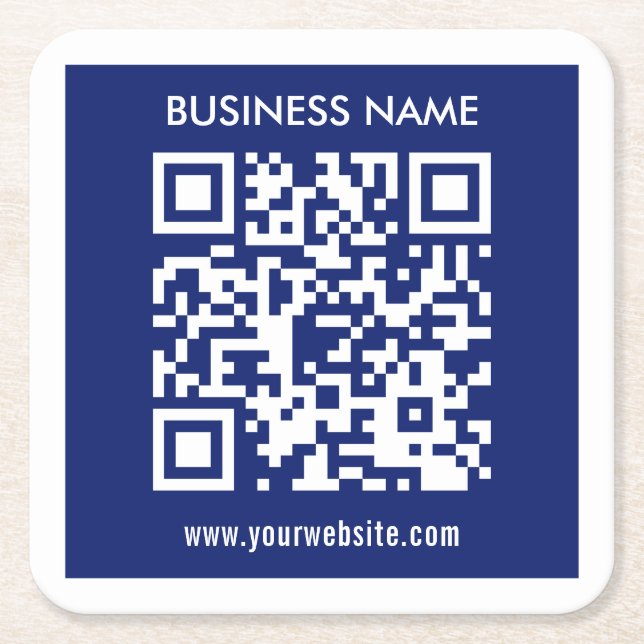 Editable (instantly generated) QR code | Navy Blue Square Paper Coaster (Front)