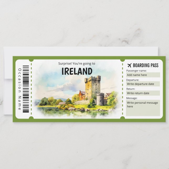Editable Ireland Plane Boarding Pass Ticket Invitation (Front)