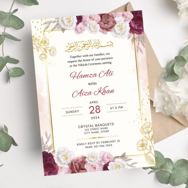 Editable Islamic Nikkah Red Floral Muslim Wedding  Invitation (Creator Uploaded)