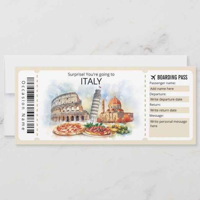 Editable Italy Plane ticket, Italy Trip Invitation (Front)