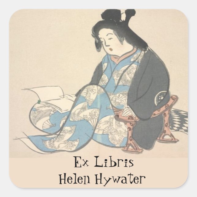 Editable Japanese Lady Reading a Book Bookplate Square Sticker (Front)
