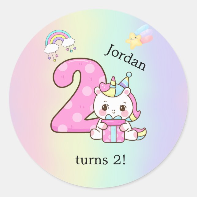 Editable Kids Birthday Sticker Cute Unicorn Party (Front)