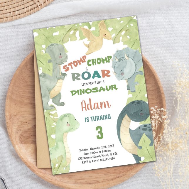 Editable Kids Party Card with T-Rex & Jungle Theme (Green Dinosaur Invitations)
