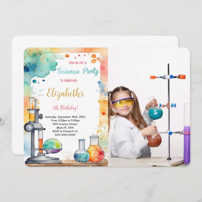 Editable Kids Science Birthday Party Photo Invitation (Front/Back)